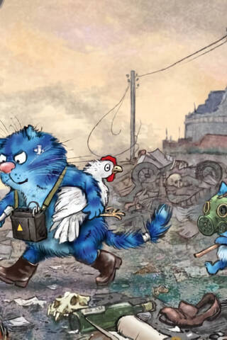 Postcard. Blue cats. Beware of radiation.