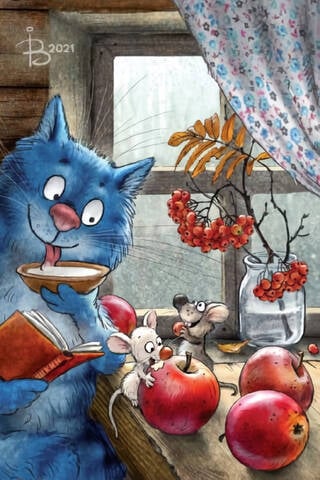 Postcard. Blue cats. Rowan berries and apples.