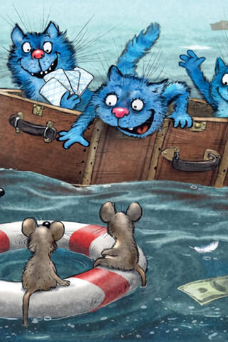 Postcard. Blue cats. Rescuing mice.