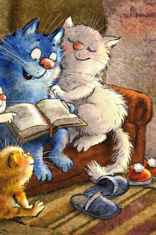 Postcard. Blue cats. Family by the stove.