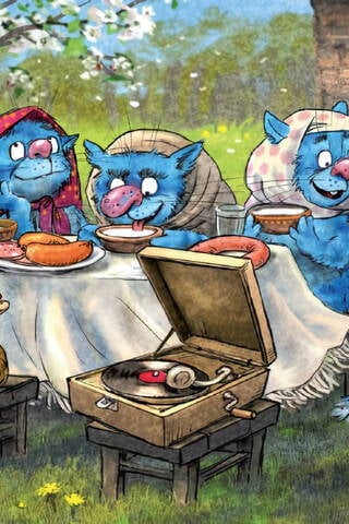 Postcard. Blue cats. Visiting grandparents.