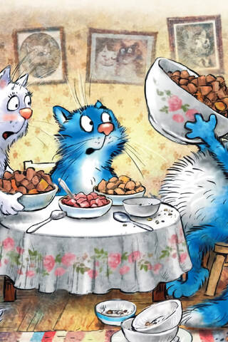 Postcard. Blue cats. Bon appétit.