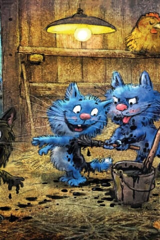 Postcard. Blue cats. Grimy cats.