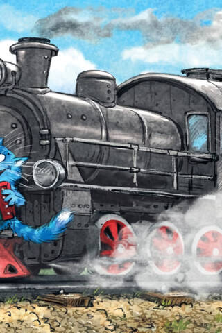 Postcard. Blue Cats. Accordionist on a Train.