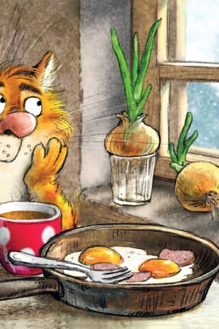 Postcard. Blue Cats. Breakfast by the Window.