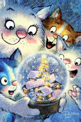 Postcard. Blue cats. Snow globe.