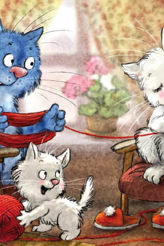 Postcard. Blue cats. Yarn.