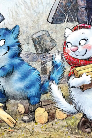 Postcard. Blue cats. Chopping wood.