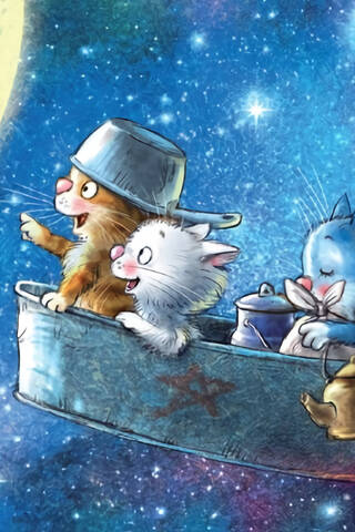 Postcard. Blue Cats. Kittens in Space.