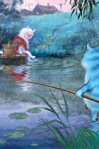 Postcard. Blue cats. Beauty on the river.