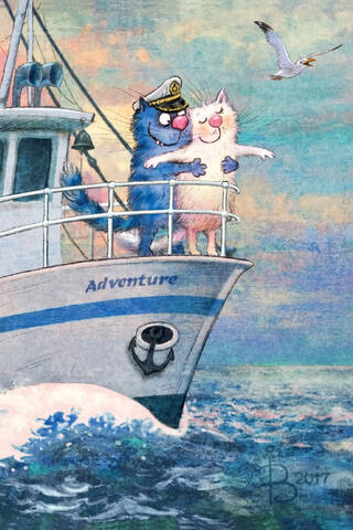 Postcard. Blue cats. On the ship.