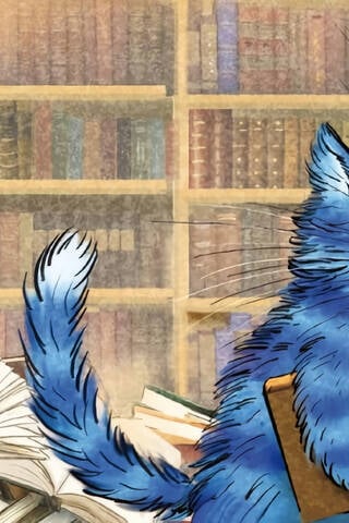 Postcard. Blue Cats. Library