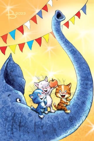 Postcard. Blue cats. Kittens and an elephant.