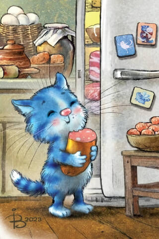 Postcard. Blue cats. By the refrigerator.
