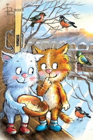 Postcard. Blue cats. Feeding the titmice.