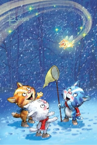 Postcard. Blue cats. Kitty in the forest.