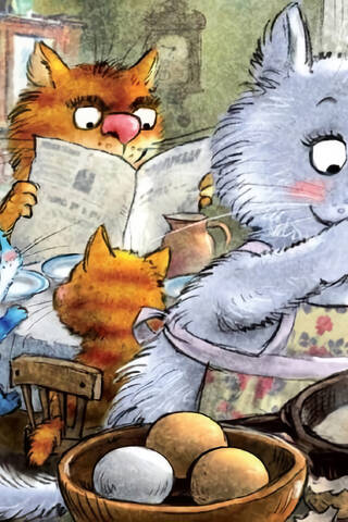 Postcard. Blue cats. Waiting for breakfast.
