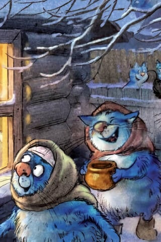 Postcard. Blue Cats. Evening Gathering.