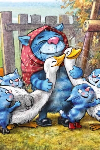 Postcard. Blue cats. Favorite geese.