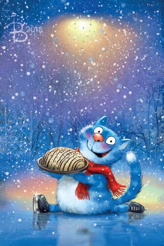 Postcard. Blue Cats. Evening Cake.