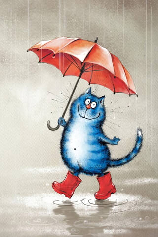 Postcard. Blue cats. Red umbrella.