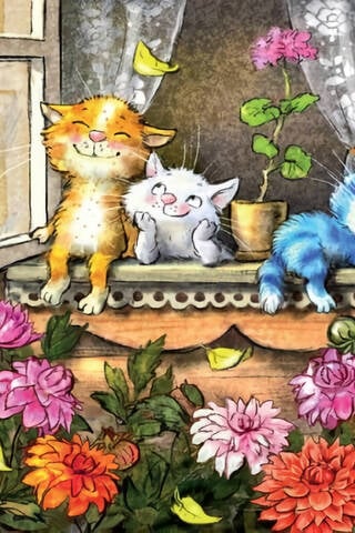 Postcard. Blue cats. Kittens on the windowsill.