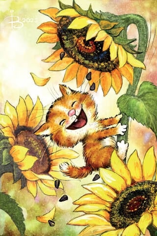 Postcard. Blue Cats. Kitten in Sunflowers.