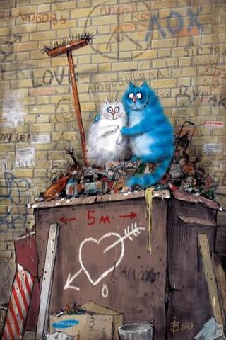 Postcard. Blue cats. Stray cats.