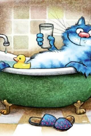Postcard. Blue cats. In the bath.