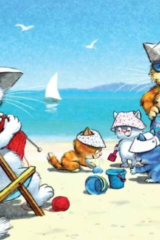 Postcard. Blue cats. Family by the sea.