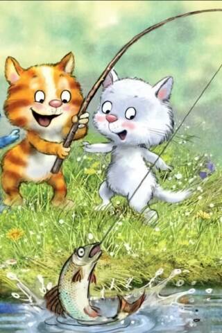 Postcard. Blue Cats. Kittens Fishing
