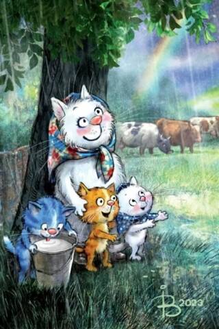Postcard. Blue cats. Rain.