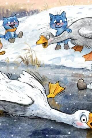 Postcard. Blue cats. Geese on ice.