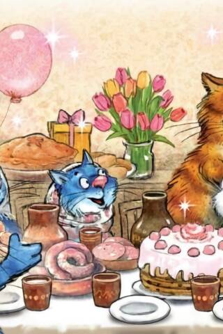 Postcard. Blue cats. March guests.