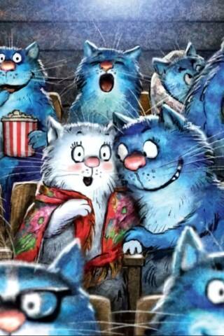 Postcard. Blue cats. Cinema.