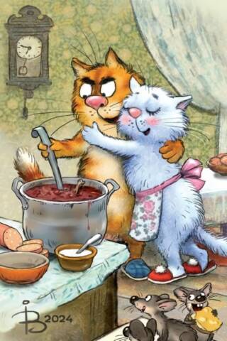 Postcard. Blue cats. Borscht.
