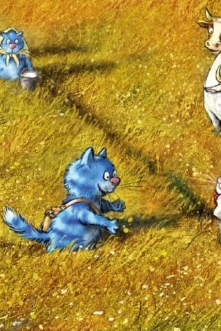 Postcard. Blue cats. Meeting in the meadow.