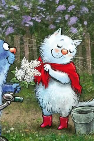 Postcard. Blue cats. White lilacs.
