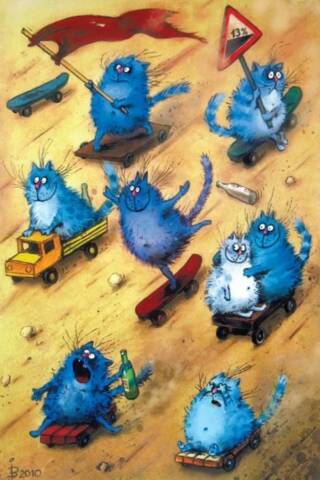 Postcard. Blue Cats. Downhill.