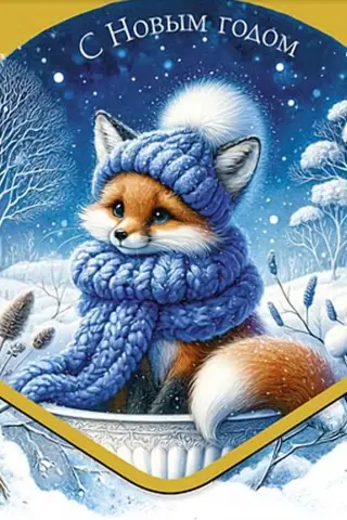 Money envelope. Happy New Year! Little fox in a blue hat and scarf.