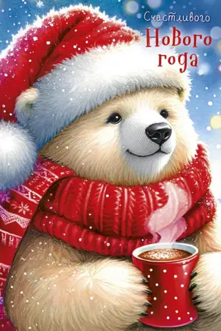 Postcard. Happy New Year. Teddy bear in a Santa hat with a mug.