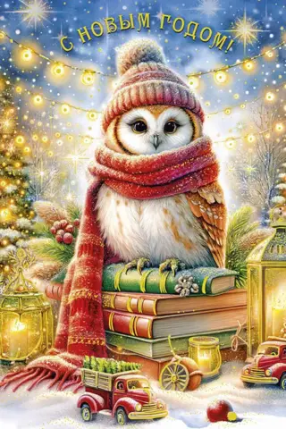 Postcard. Happy New Year! An owl in a hat and scarf on books.