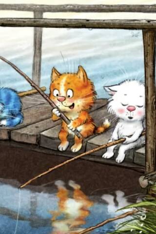 Postcard. Blue cats. Morning fishing.