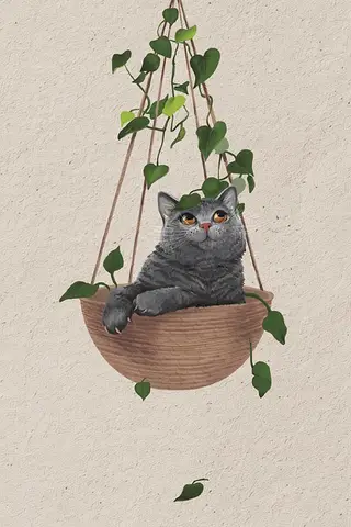Postcard. Cat in a hanging pot.
