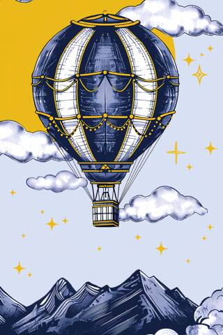 Money envelope. Hot air balloon in the starry sky.