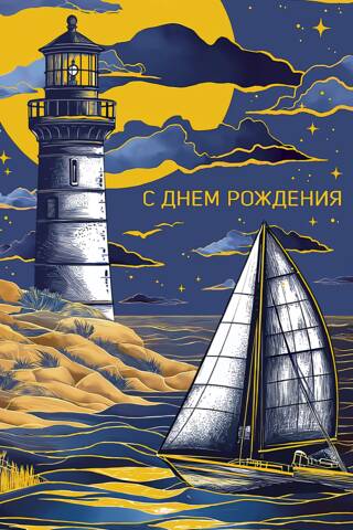 Money envelope. Happy birthday. Lighthouse in the night.
