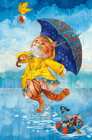 Postcard. Cat and mice in the rain