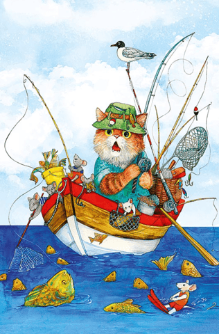 Postcard. Fishing Cat and Mouse Catch