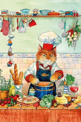 Postcard. Cat and mice in the kitchen