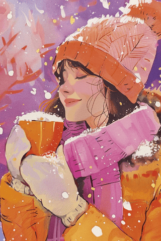 Postcard. Girl with a mug of chocolate.